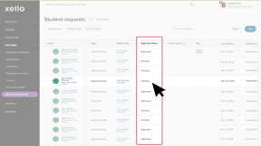 Requests page with the Approval status column highlighted. The cursor is over a Pending status